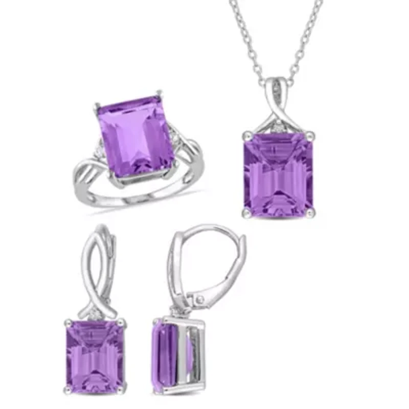 3-Pc Set of Amethyst & White Topaz Twisted Ring, Earrings Pendant with Chain Sterling Silver