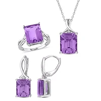3-Pc Set of Amethyst & White Topaz Twisted Ring, Earrings Pendant with Chain Sterling Silver