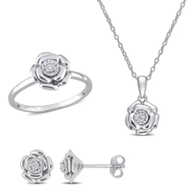 3-Pc Set of 1/6 ct. t.w. Diamond Flower Ring, Earrings & Pendant with Chain Sterling Silver