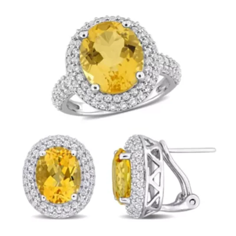 2-Pc Set of Citrine & White Topaz Double Halo Ring Earrings Sterling Silver