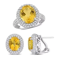 2-Pc Set of Citrine & White Topaz Double Halo Ring Earrings Sterling Silver