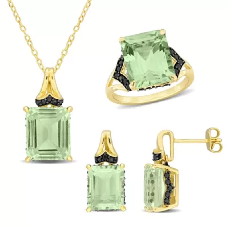 3-Pc Set of Green Quartz & Black Sapphire Ring, Earrings Pendant with Chain Yellow Plated Sterling Silver