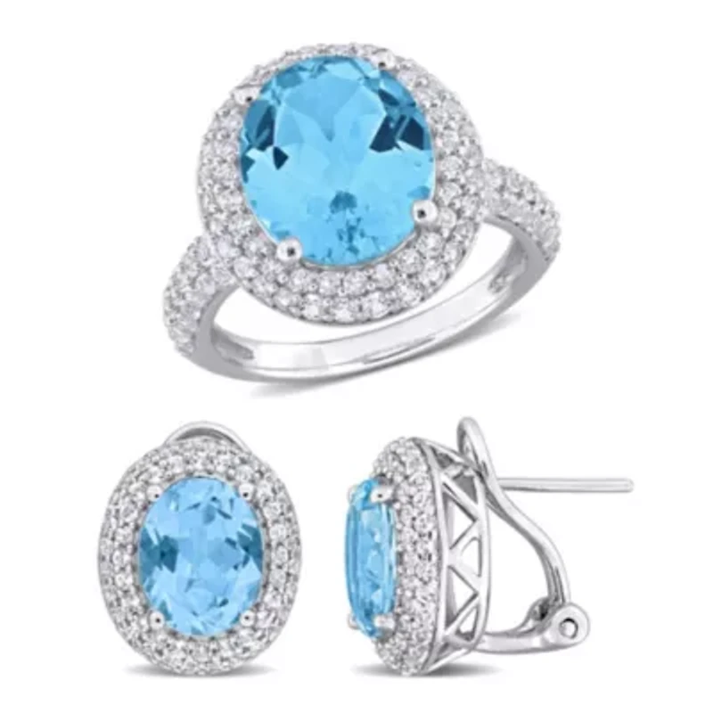 2-Pc Set of Sky Blue & White Topaz Double Halo Ring Earrings Sterling Silver