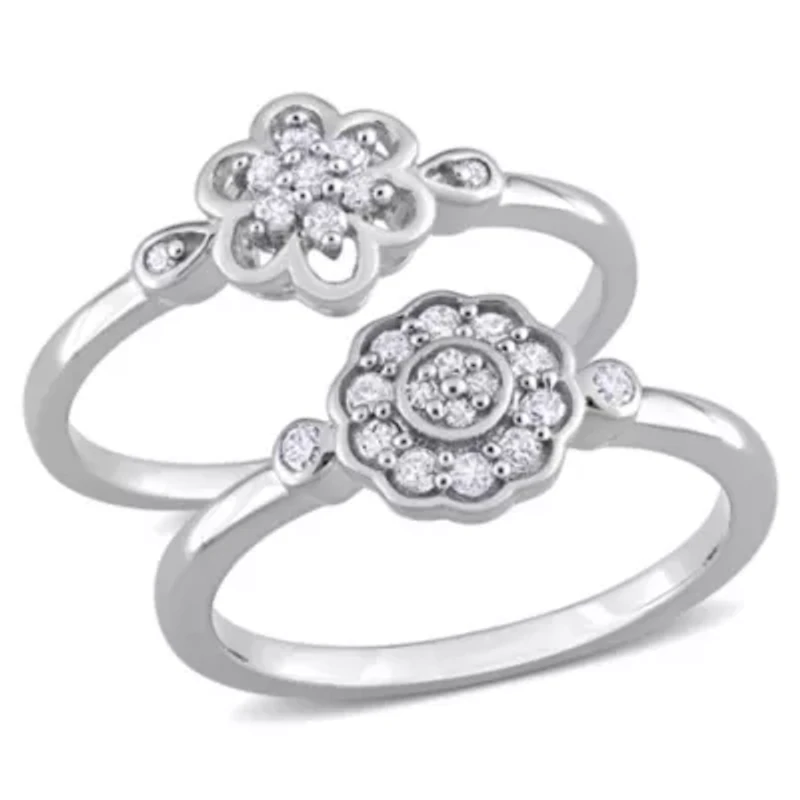 2-Pc Set of 1/3 ct. t.w. Diamond Flower Ring Sterling Silver