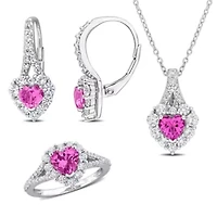 3-Pc Set of Created Pink & White Sapphire Halo Heart Ring, Earrings Pendant with Chain Sterling Silver
