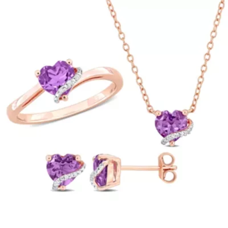 3-Pc Set of Amethyst & Diamond Accent Heart Swirl Ring, Earrings Necklace Rose Plated Sterling Silver