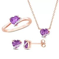 3-Pc Set of Amethyst & Diamond Accent Heart Swirl Ring, Earrings Necklace Rose Plated Sterling Silver