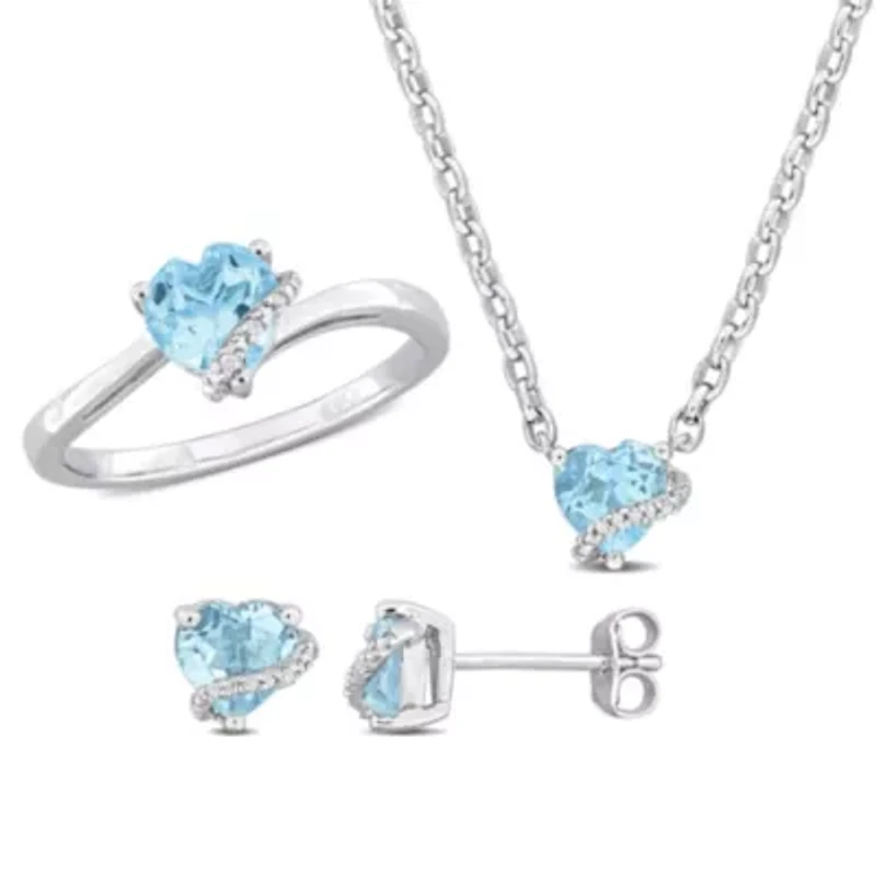 3-Pc Set of Sky Blue Topaz & Diamond Accent Heart Swirl Ring, Earrings Necklace Sterling Silver