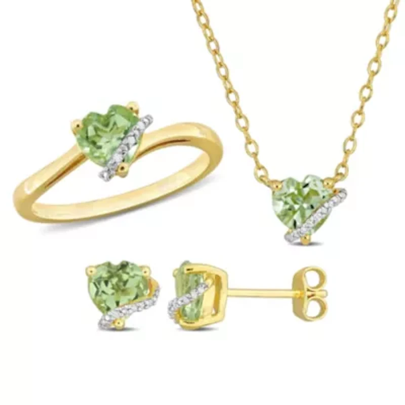 3-Pc Set of Green Quartz & Diamond Accent Heart Swirl Ring, Earrings Necklace Yellow Plated Sterling Silver