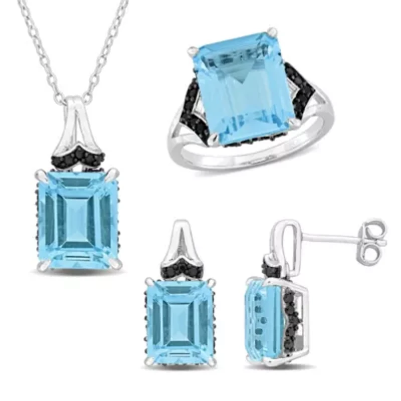3-Pc Set of Sky Blue Topaz & Black Sapphire Ring, Earrings Pendant with Chain Sterling Silver