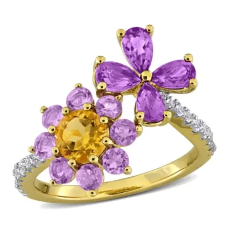 Amethyst-Africa, White Topaz, Rose De France & Citrine Ring Yellow Plated Sterling Silver