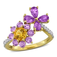 Amethyst-Africa, White Topaz, Rose De France & Citrine Ring Yellow Plated Sterling Silver