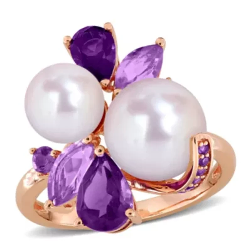 Amethyst-Africa, Rose De France & Freshwater Cultured Pearl Ring Plated Sterling Silver
