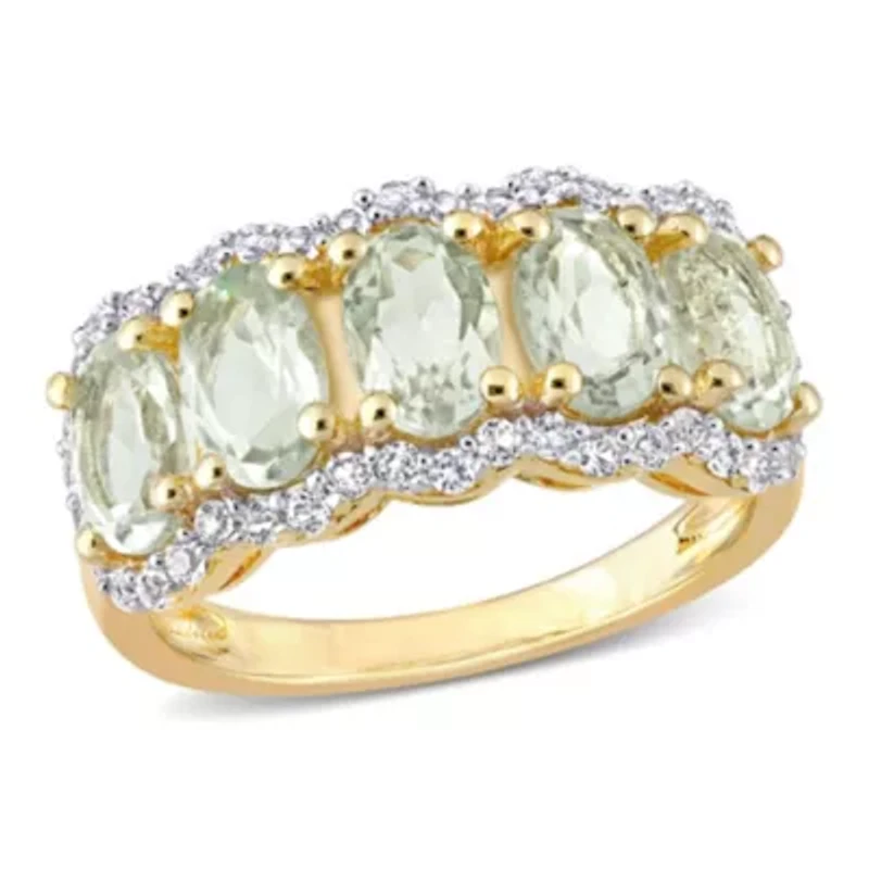 Green Quartz & White Topaz Ring Yellow Plated Sterling Silver