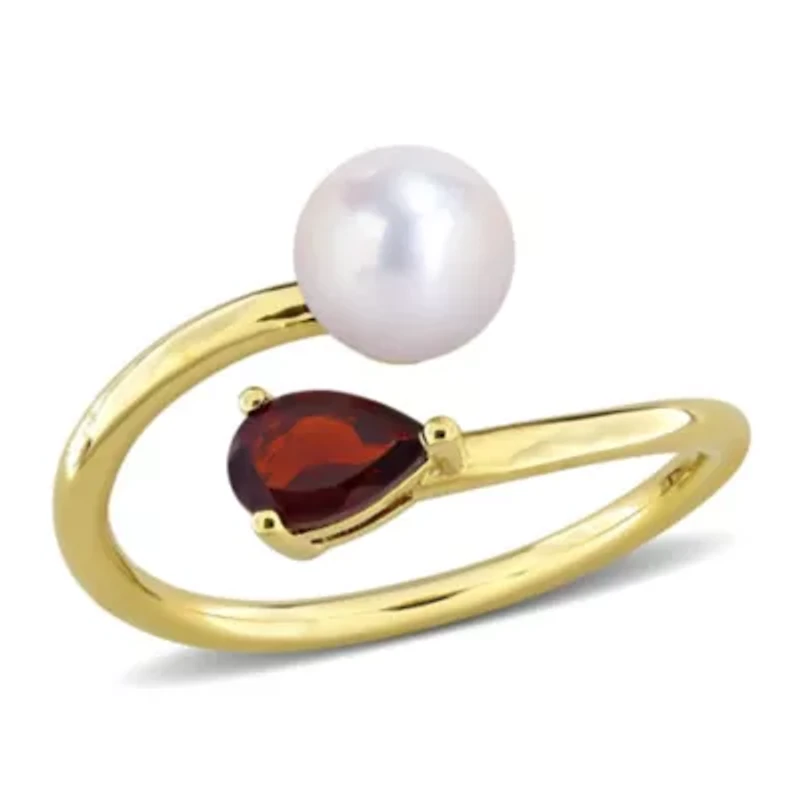 Garnet & 6-6.5mm Freshwater Cultured Pearl Ring Yellow Plated Sterling Silver