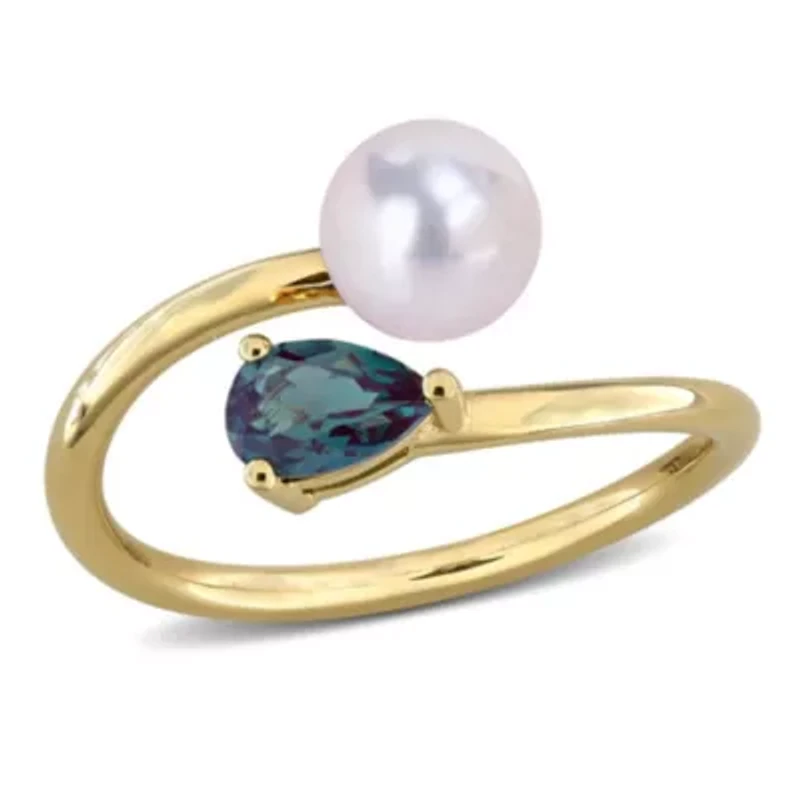 Lab Created Alexandrite & 6-6.5mm Freshwater Cultured Pearl Ring Yellow Plated Sterling Silver
