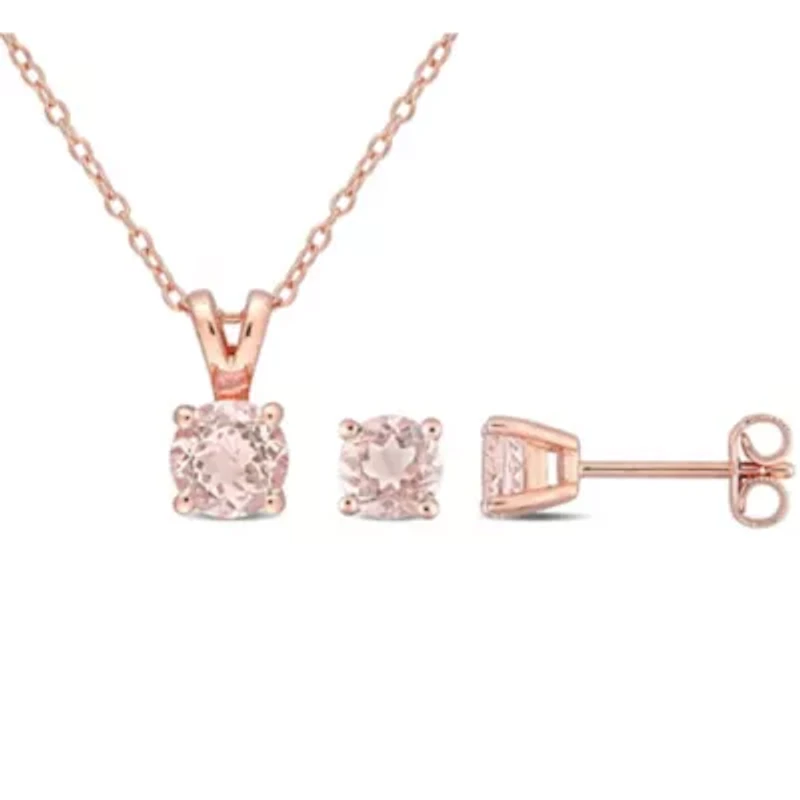 2 Piece Set of Morganite Pendant With Chain & Stud Earrings in Rose Plated Sterling Silver, 18"