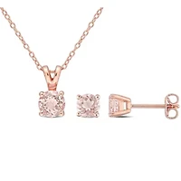 2 Piece Set of Morganite Pendant With Chain & Stud Earrings in Rose Plated Sterling Silver, 18"