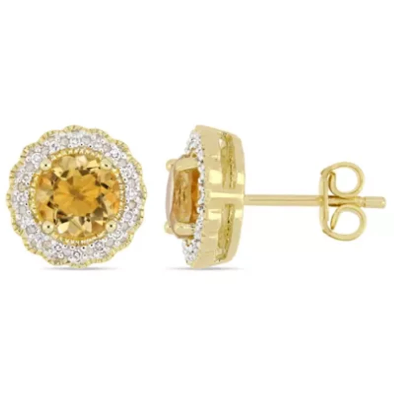 Citrine and 1/10 ct. t.w. Diamond Halo Stud Earrings in Yellow Plated Sterling Silver