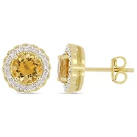 Citrine and 1/10 ct. t.w. Diamond Halo Stud Earrings in Yellow Plated Sterling Silver