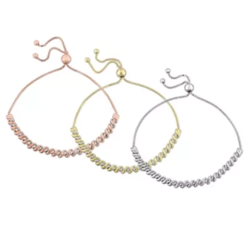 3-Piece Set 3/4 CT TW Diamond Bolo Bracelets in 3-Tone Sterling Silver