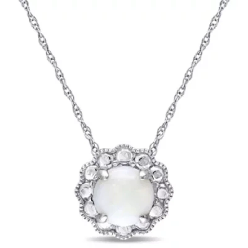 Opal Flower Pendant with Chain in 10K White Gold
