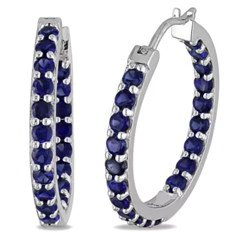 Lab Created Created Blue Sapphire Inside Outside Hoop Earrings in Sterling Silver