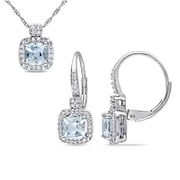 2-Piece Set of 1.55 ct. t.g.w. Aquamarine and 1/3 ct. t.w. Diamond Earrings and Pendant with Chain in 10K White Gold