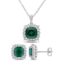 Lab Created 2-Pc Set of Created Emerald and Created White Sapphire with Diamond Accent Earrings and Pendant with Chain in Sterling Silver