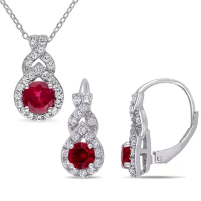 Lab Created 2-Pc Set of Created White Sapphire and Created Ruby Twist Teardrop Halo Earrings and Pendant with Chain in Sterling Silver