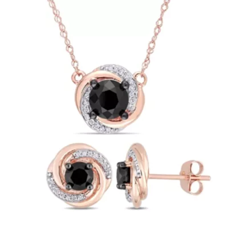 2-Pcs Set of 2.13 ct. t.w. Black and White Diamond Swirl Halo Stud Earrings and Pendant with Chain in 10K Rose Gold