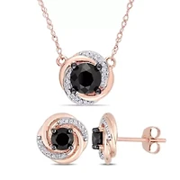 2-Pcs Set of 2.13 ct. t.w. Black and White Diamond Swirl Halo Stud Earrings and Pendant with Chain in 10K Rose Gold