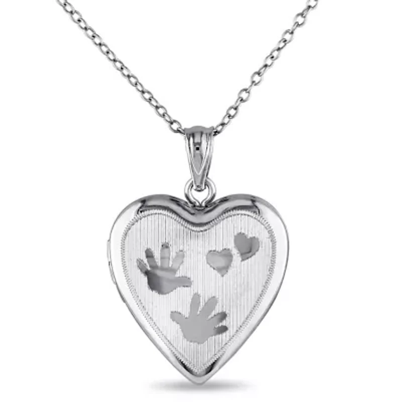 Engraved Heart and Hands Locket Pendant with Chain in Sterling Silver