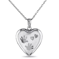 Engraved Heart and Hands Locket Pendant with Chain in Sterling Silver