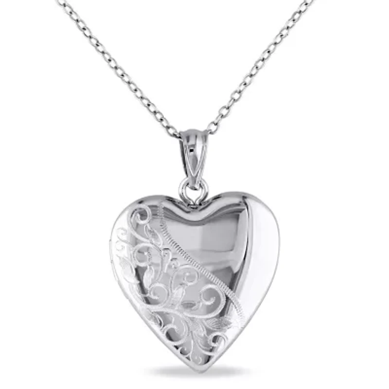 Engraved Filigree Heart Locket Pendant with Chain in Sterling Silver