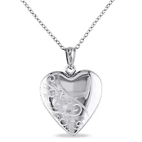 Engraved Filigree Heart Locket Pendant with Chain in Sterling Silver