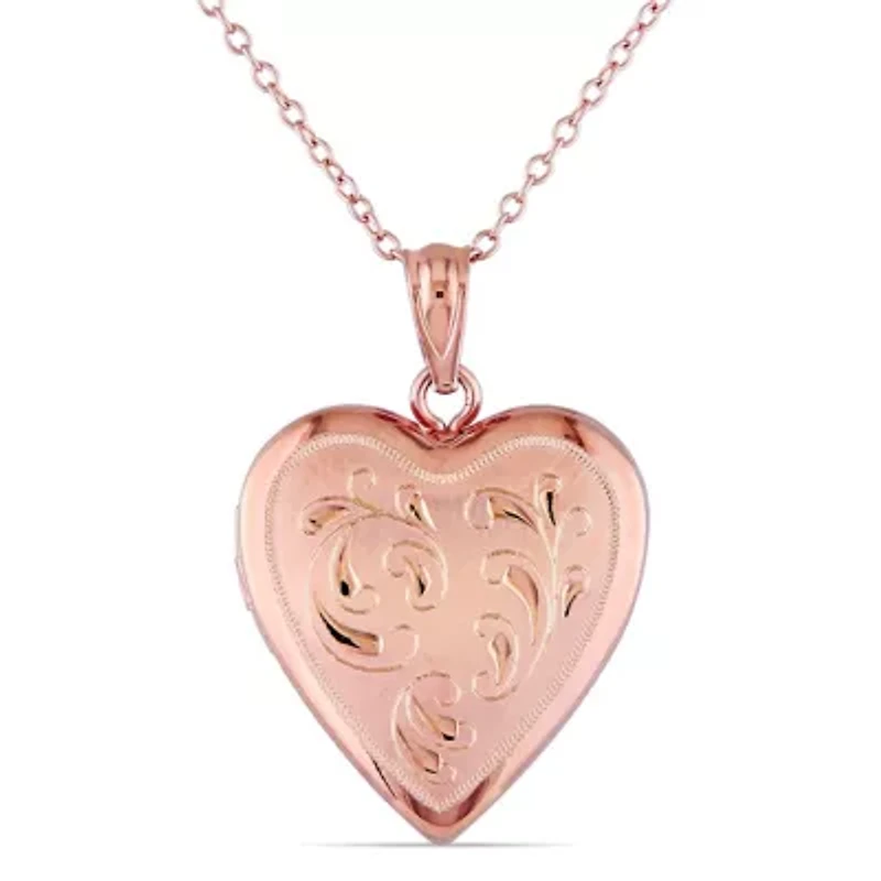 Engraved Filigree Heart Locket Pendant with Chain in Rose Plated Sterling Silver