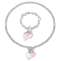 2 Piece Set of Heart Charm Bracelet and Necklace in Two-Tone Rose and White Sterling Silver