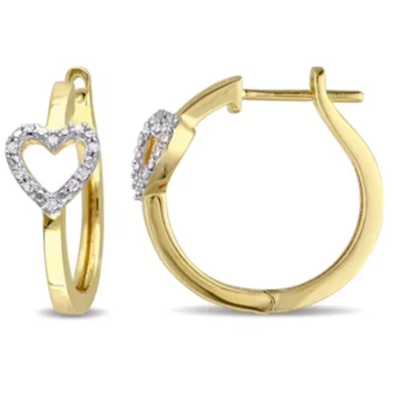1/10 CT TW Diamond Heart Hinged Hoop Earrings in Yellow Plated Sterling Silver
