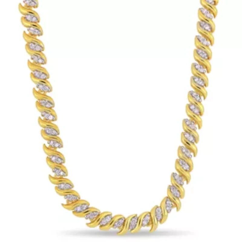 1 CT TW Diamond S-Link Tennis Necklace in Yellow Plated Sterling Silver