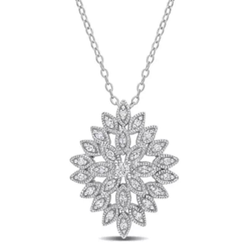 1/4 CT TW Diamond Cluster Floral Pendant with Chain in Sterling Silver
