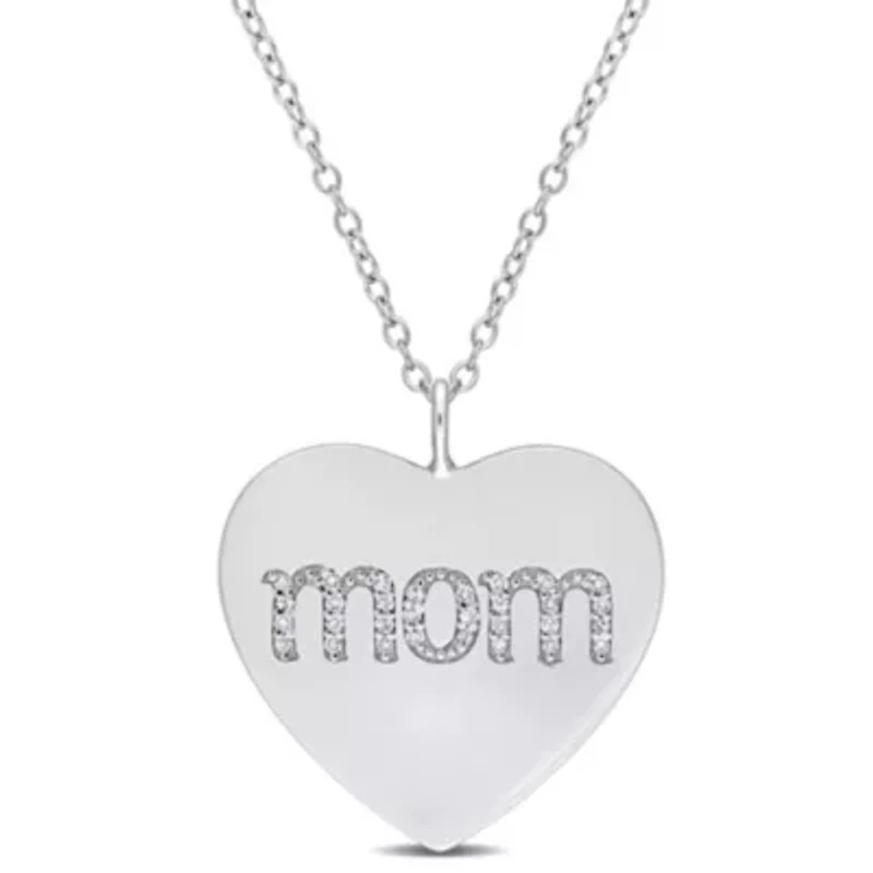 1/10 CT TW Diamond 'Mom' Engraved Heart Necklace in Sterling Silver