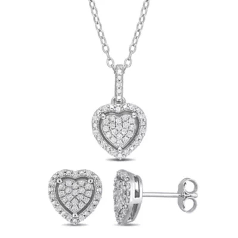 2-Piece Set 2/5 CT TW Diamond Heart Cluster Earrings and Necklace in Sterling Silver