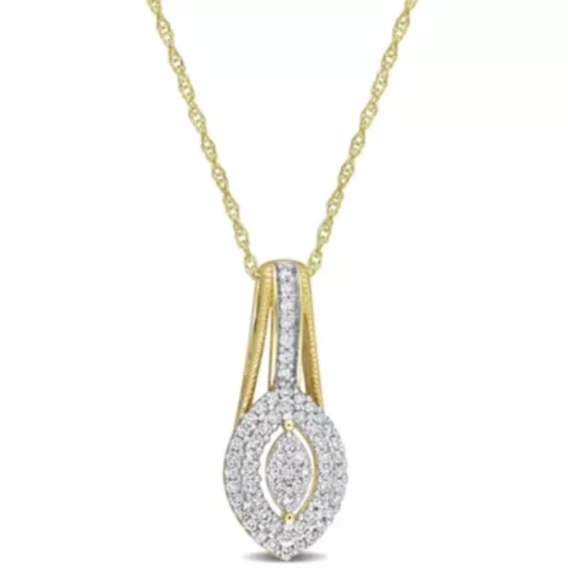1/4 ct. t.w. Diamond Double Halo Marquise Cluster Pendant with Chain in 10K Yellow Gold