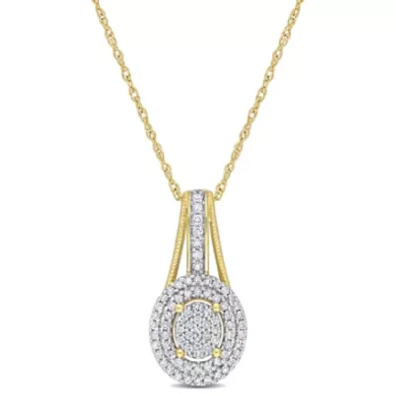 1/4 ct. t.w. Diamond Double Halo Oval Cluster Pendant with Chain in 10K Yellow Gold