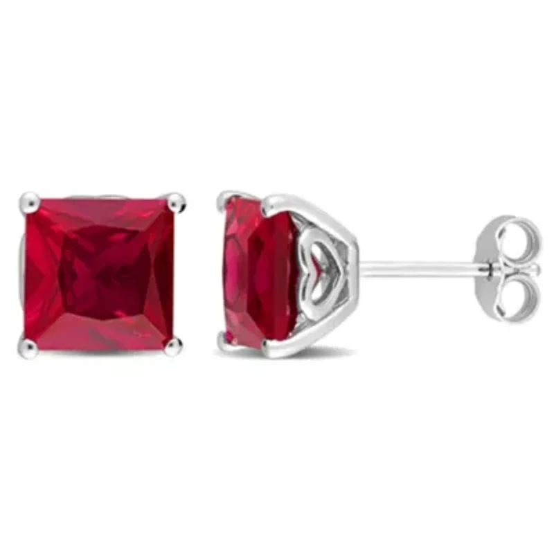 Lab Created 6.12 CT TGW Created Ruby Stud Earrings with Heart Motif in Sterling Silver