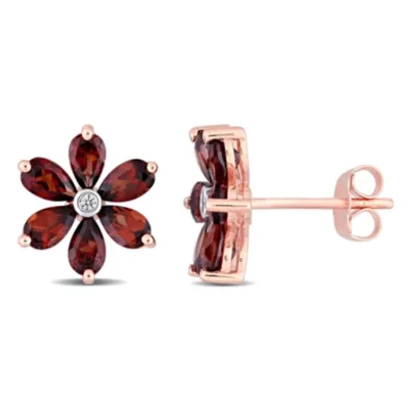 3.25 CT TGW Garnet and Diamond Accent Floral Stud Earrings in 10k Rose Gold