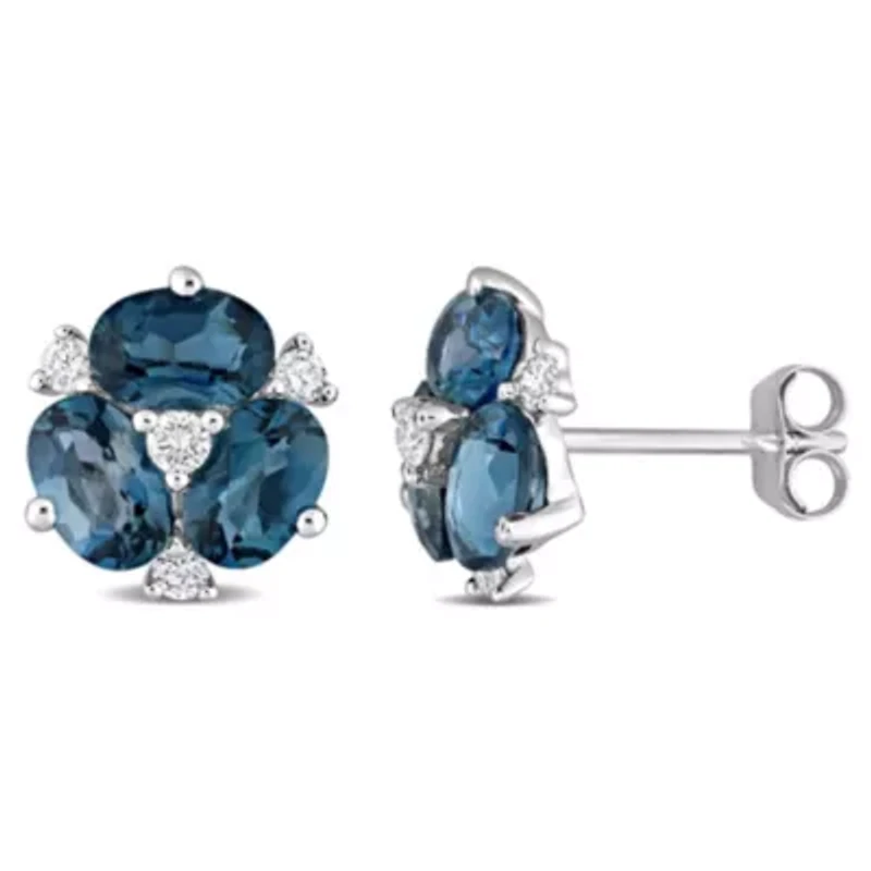 3 CT TGW London Blue Topaz and 1/4 CT TW Diamond Floral Earrings in 14k White Gold