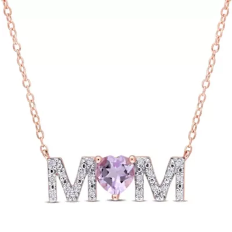 3/5 ct. t.g.w. Rose de France and 1/10 ct. t.w. Diamond "MOM" Pendant with Chain in Rose Plated Sterling Silver
