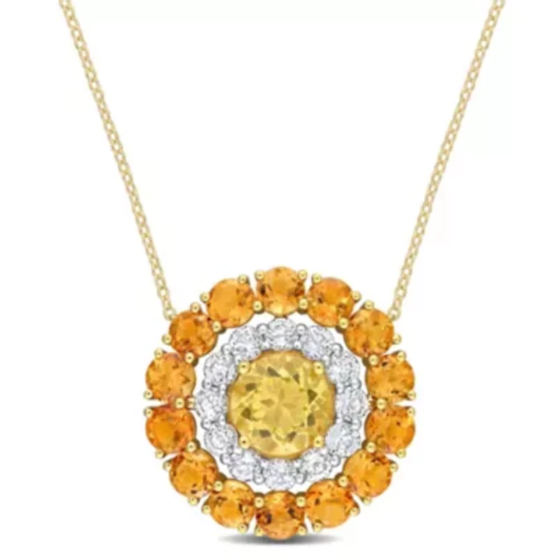 11.44 ct. t.g.w. Citrine, Madeira Citrine and White Topaz Double Halo Circle Pendant with Chain in 18K Yellow Gold Plated Sterling Silver